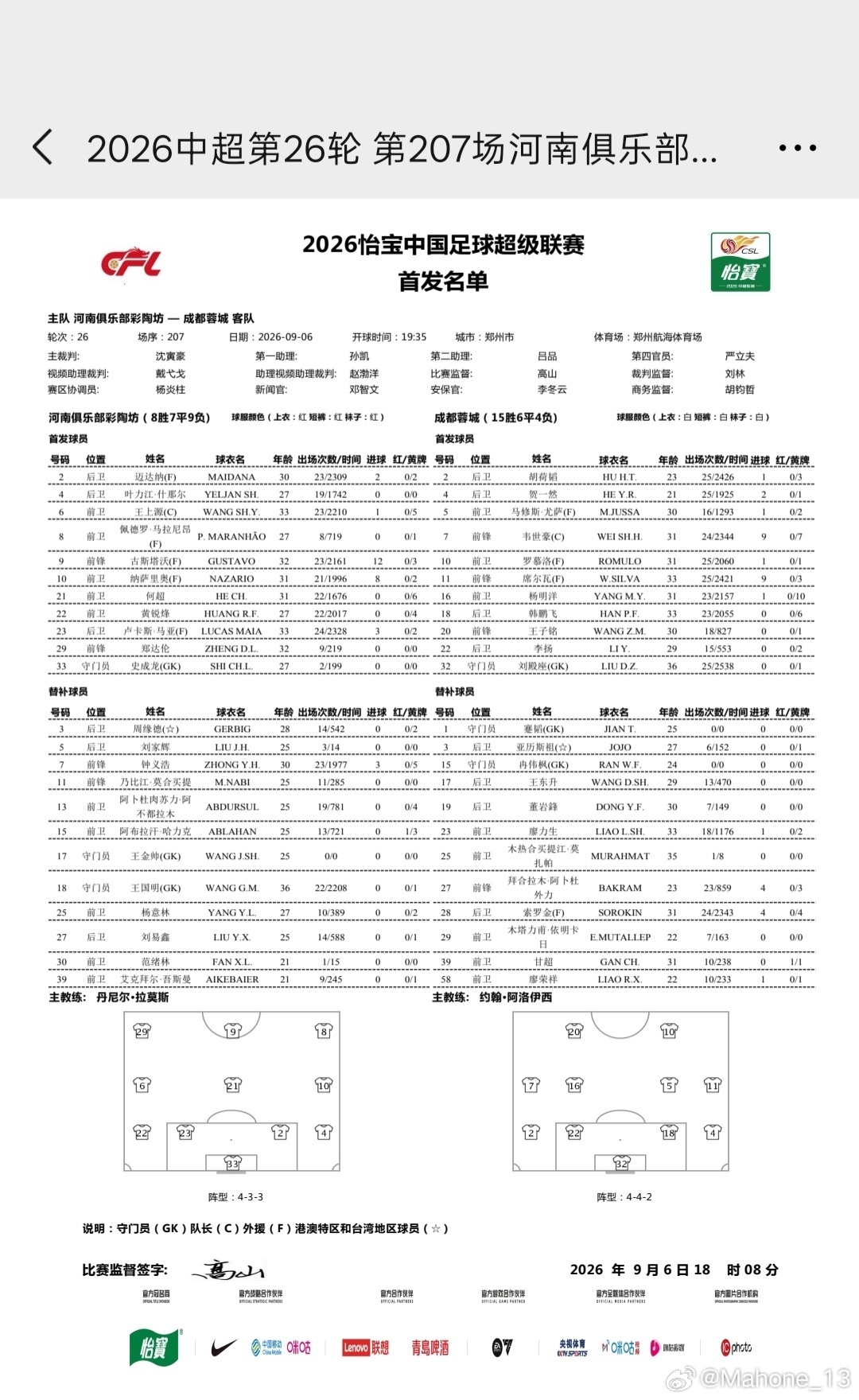 河南vs蓉城首发！